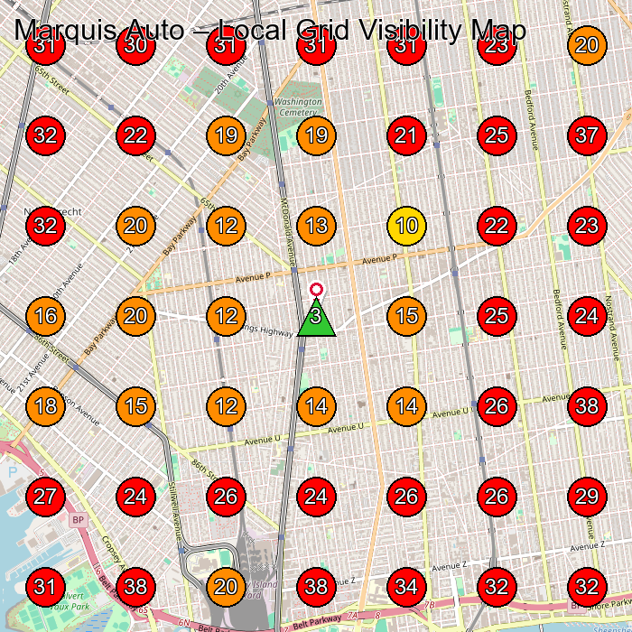 Marquis Auto GeoGrid visibility map for Car Leasing Service in Brooklyn